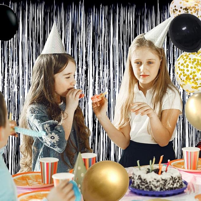 BEISHIDA 4 Pcs Black Door Streamers Tinsel Curtain Party Streamers Backdrop Fringe Foil Wall Background for Birthday Halloween Christmas Wedding Party Decoration(3.28 ft x 6.56 ft)