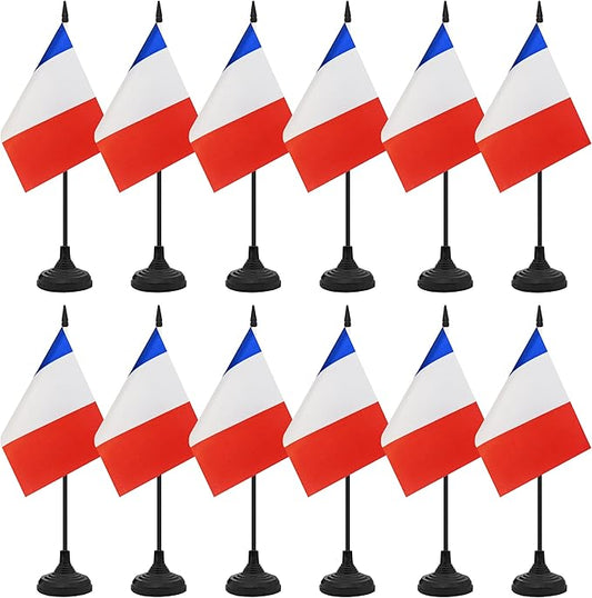 12 Pack France Desk Flag Set, French Table Office Flag, Small Miniature Desktop Flag With Black Pole and Black Base, Classroom, Offices Meeting Desk Decoration (France)