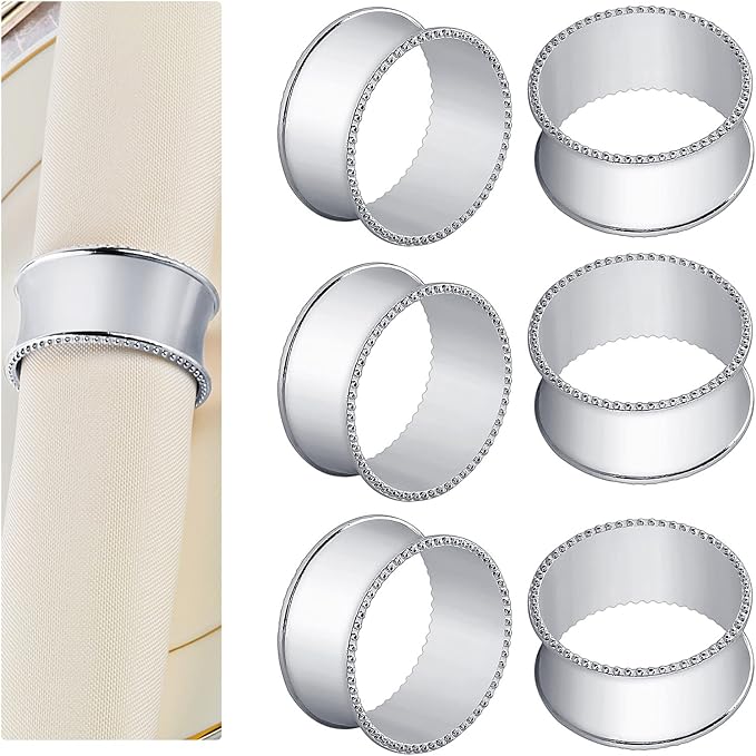 6 Pcs Stainless Steel Bead Side Napkin Rings Delicate Serviette Buckles (Silver)