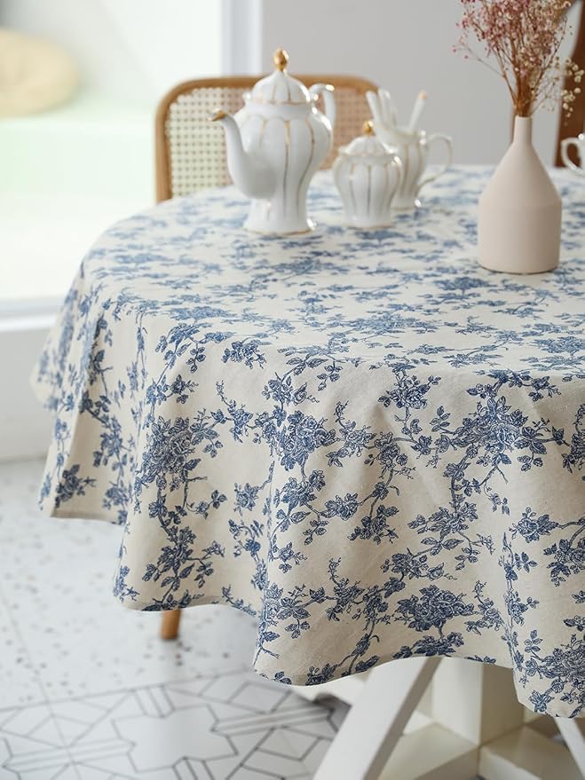 Pastoral Round Tablecloth - 48 Inch Dia. - Beige Linen Table Cloth - Washable Table Cover with Dust-Proof Wrinkle Resistant for Restaurant, Picnic, Indoor and Outdoor Dining, Floral (Dark Blue)