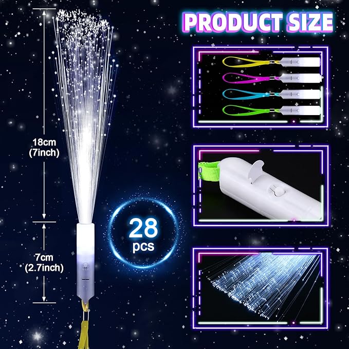 28 PCS Fiber Optic Wands with 3 Light Modes, Glow Wands & Light Up Wands for Kids, Sparklers Fireworks Sticks, Fiber Optic Lights for Wedding, New Year, Birthday, Carnival Parties
