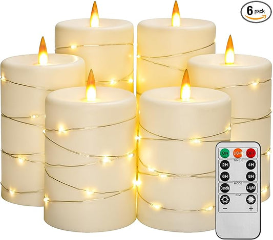 Upinmz 6 Pack Flickering Flameless Candles with String Lights,Unbreakable Acrylic Battery Operated Candle with Remote Control and Timer - Ivory White