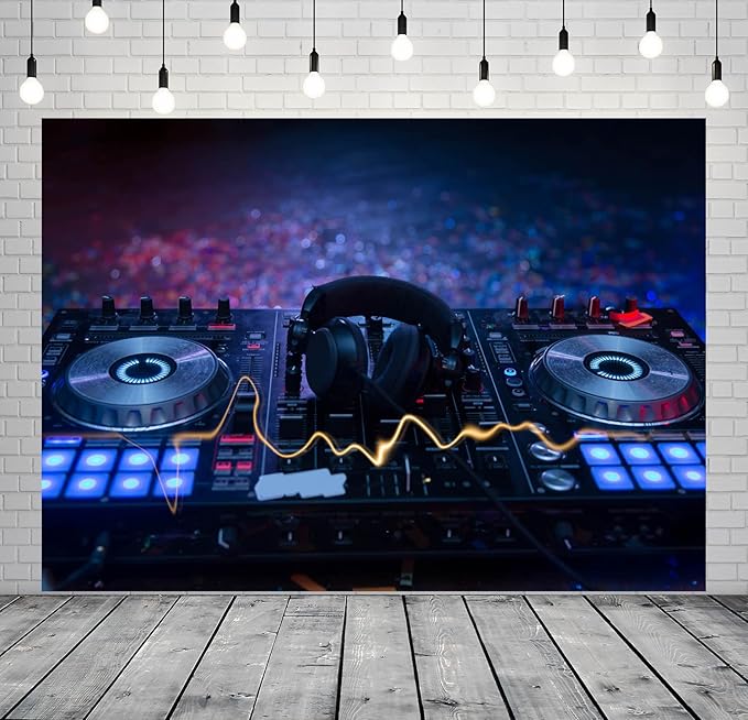 CORFOTO 12x10ft Fabric Dj Mixer with Headphones Backdrop Photography Dj Sound Equipment in Dark Background Musical Dance Disco Party Decorations Live Concert Stage Photoshoot Booth Studio Props