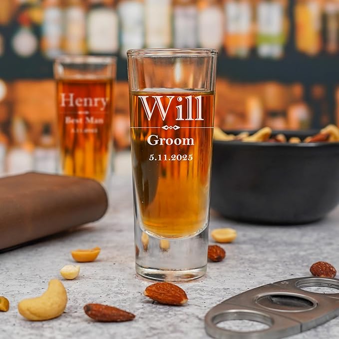 Custom Engraved Shot Glass – 2oz Tall Clear Glass – Personalized Gift for Wedding Party – Classic Etched Barware Keepsake for Groomsmen, Bridesmaids, and More (8)