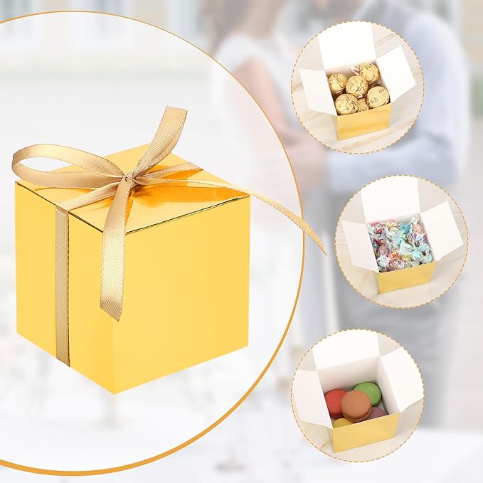 EUSOAR Candy Boxes Party Favors, 60pcs 3x3x3 Inches Gold Macaron Boxes Small Gift Box with Ribbon, Cube Thank You Gifts Box Macaron Mini Muffins Container for Wedding Bridal Party Favor Decorations