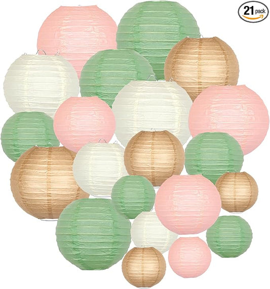 ADLKGG Paper Lanterns Party Decorative, Round Hanging Paper Lanterns Wedding Decorations for Sage Green Bridal Shower Birthday Rustic Party Neutral Baby Shower Home Decor Sage Green/Pink/Brown 21pcs