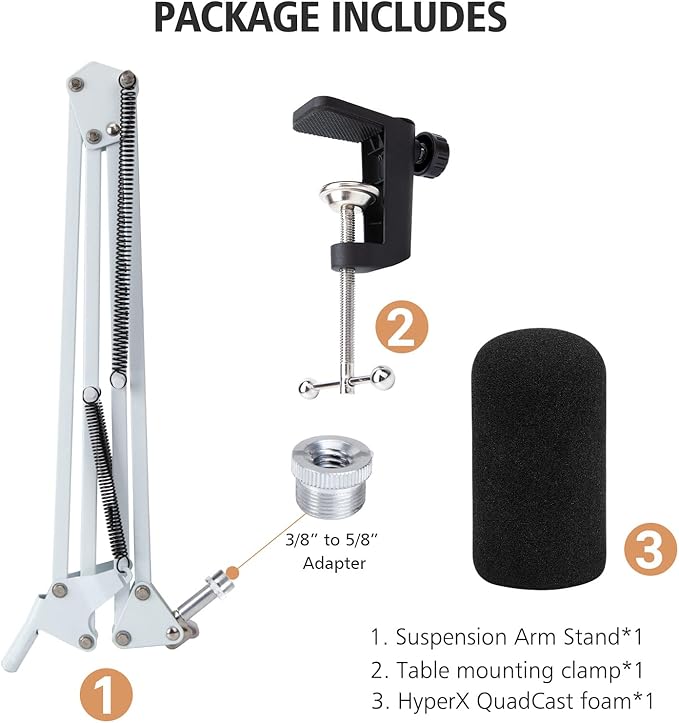 For HyperX QuadCast S White Boom Arm - White Mic Arm Compatible with Hyper x QuadCast, Microphone Boom Arm with Pop Filter, Improve Sound Quality, Mic Boom Arm for Hyperx QuadCast by SUNMON