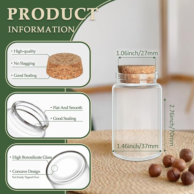 JIUYUE 40 pcs 50 ml Small Glass Cork Bottles,Cork Decoration(1.69 oz-1.45x2.75 inch)