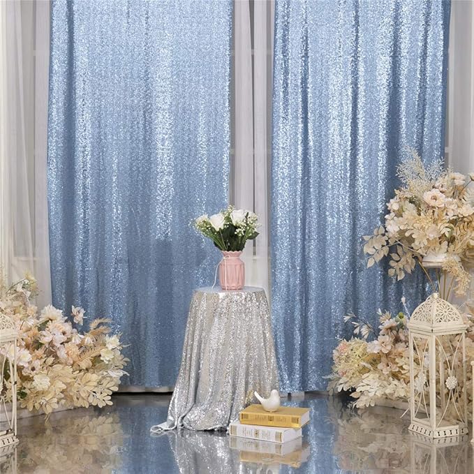 Eternal Beauty Baby Blue Sequin Backdrop Curtains, Shimmer Back Drop 2Panels-2FTx8FT for Christmas, Party, Birthday, Photography, Wedding, Baby Shower Event Decoration