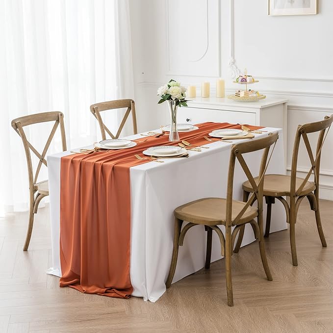 12Pack 9ft Chiffon Table Runner 14x108 Inch Sheer Romantic Table Runner for Wedding Birthday Party Bridal Shower Outdoor Decoration-Rust