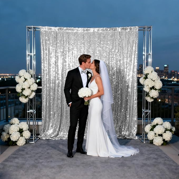 VOK Silver Sequin Backdrop Curtains 2 Panels 2FTx8FT Glitter Photography Background for Wedding Birthday Christmas Party Decorations