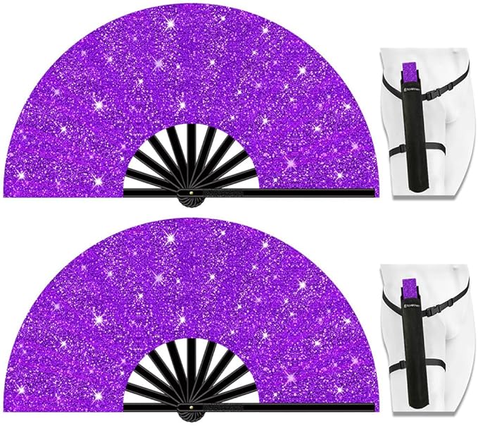 13" Large Folding Rave Fan with Holster, Clack Hand Fans Foldable for Line Dancing, Boots On The Ground Fan for Women Men Festival EDM Party Decoration, Glitter Purple 2 Pack
