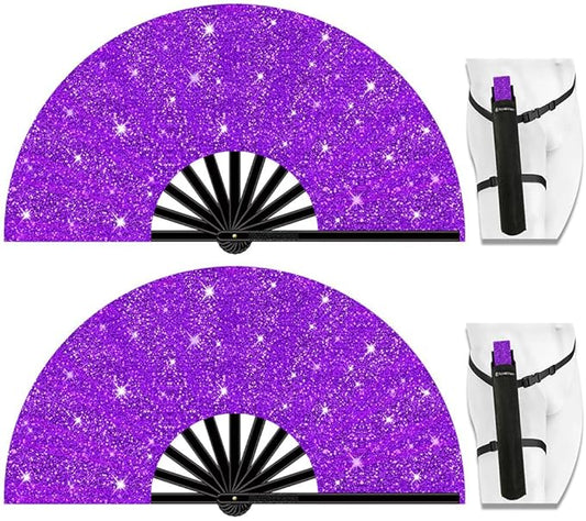 13" Large Folding Rave Fan with Holster, Clack Hand Fans Foldable for Line Dancing, Boots On The Ground Fan for Women Men Festival EDM Party Decoration, Glitter Purple 2 Pack