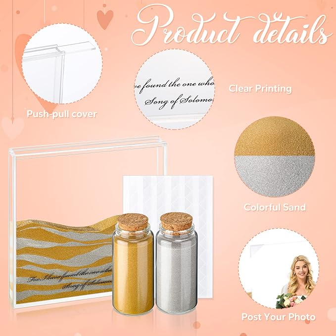 Roowest Sand Ceremony Kit for Wedding Includes Clear Acrylic Unity Sand Ceremony Photo Frame 2 Pack Photo Fixing Corner Stickers and 2 Glass Unity Holder for Wedding Home Decor(Yellow, Gray)