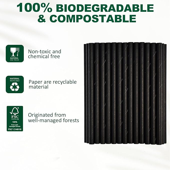 5.75 inch 8mm Wide Short Black Paper Drinking Straws Disposable for Lowball Glasses, Blended Cocktails, Margaritas, Bars, Restaurants - Unwrapped [250 Counts]