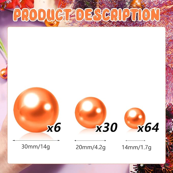 100PCS Orange Faux Pearls Beads for Centerpiece Vases, Vase Filler Faux Pearls, No Holes Filler Beads for Party Anniversary Birthday Wedding Table Decor, 14/20/30mm