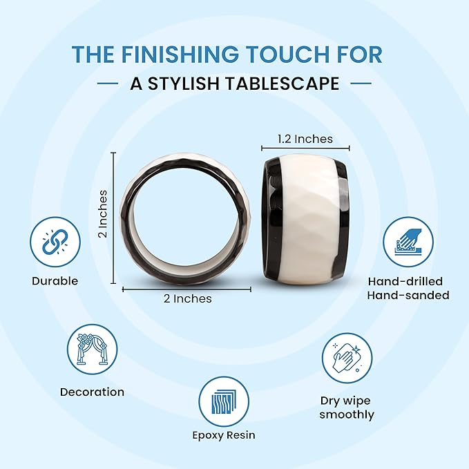 Epoxy Resin Napkin Rings Set of 12 - Elegant for Dinner Parties, Large Gatherings, Special Events & Dining Table Décor| Durable Napkin Rings, Easy to Clean (Black White) - CLEENTABLE