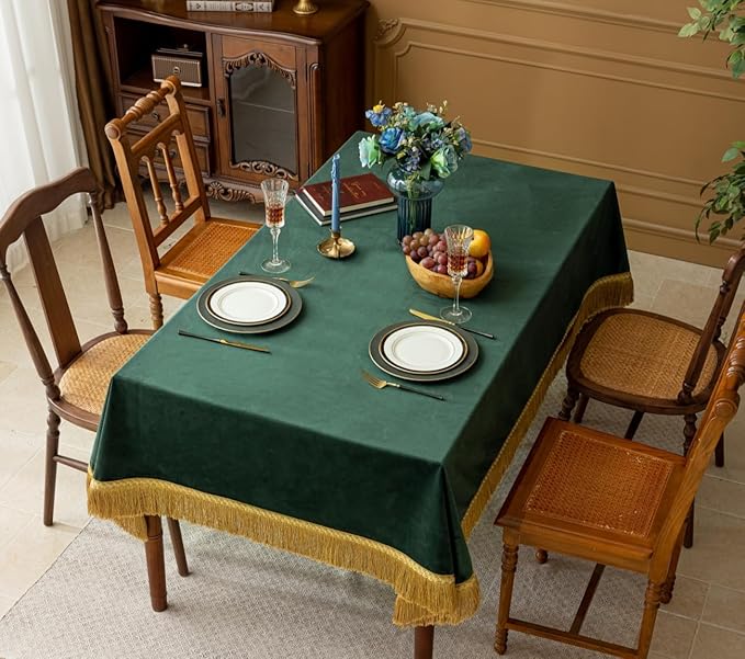 F-CHU Luxury Green Tablecloth Thickset Velvet Tablecloth with Beautiful Gold Tassels Table Cloth for Home Decor Wedding, Party, Banquet and Events 60x70-Inch