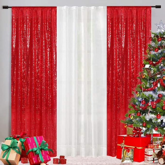 Eternal Beauty Red Sequin Backdrop Curtains, Valentine's Day Shimmer Back Drop 2Panels-2FTx8FT for Christmas, Party, Birthday, Photography, Wedding, Baby Shower Event Decoration