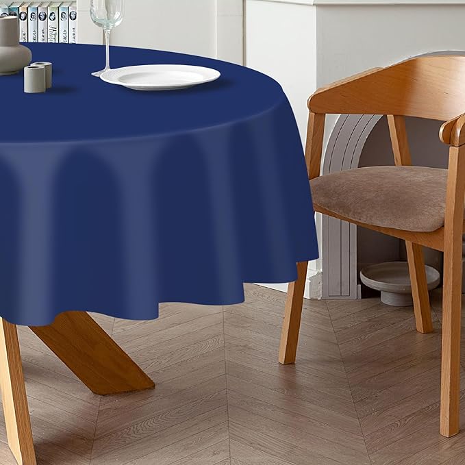 QIKSION Navy Blue Round Tablecloth 12 Pack, 84 Inch Plastic Table Cover Disposable for Parties