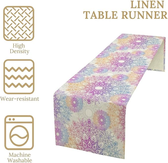 Oriental Mandala Table Runner, Traditional Bohemian Gradiently Purple Pink Blue Mandala Flower Table Runner for Farmhouse Cottage Kitchen Dining Table Decor, 13x90inch
