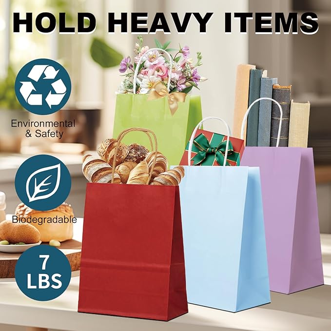 BAG BOX 100 Pack Medium 8.25x4.3x10.6 Inch Red Kraft Paper Gift Bags with Handles for Bulk Shopping, Retail, Craft, Party Favors, Wedding, Grocery & Sacks