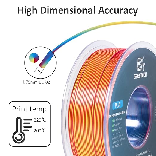 Geeetech 3D Printer Silk PLA Tri-Color Filament, Metal-Like Shiny Silk Filament 1.75mm 1kg (2.2lbs) Spool, Dimensional Accuracy +/- 0.02 mm, Tri-Color Red Yellow Blue