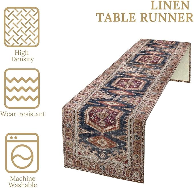 Vintage Boho Table Runner,Flower Geometric Design Rustic Farmhouse Table Runner for Home Farmhouse Kitchen Table Dining Coffee Room Garden Party Wedding Decor 13x60in