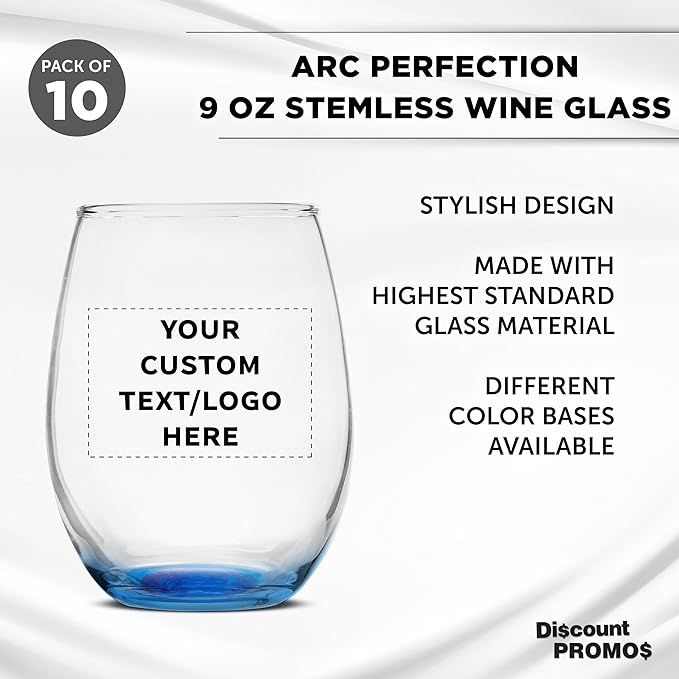 Custom Stemless Wine Glass 9 oz. Set of 10, Personalized Bulk Pack - Great for Wedding Favors, Bachelorette Party Decorations, Party Favors, Color Bottom - Blue