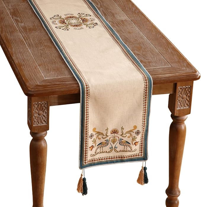 patdrea Designer Beige Farmhouse Geometric Patterned Extra Long,Wrinkle Resistant Linen Table Runner 118 Inch Long,Decoration for Kitchen Dining and Coffee Tables Banquet Christmas , 12"x118"