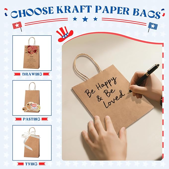 MESHA Kraft Paper Bags 5.25X3.75X8 Inch Brown Small Gift Bags with Handles Bulk,300 Pack for Small Business,Birthday Wedding Party Favor, Paper Shopping