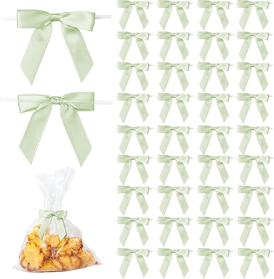 50Pcs Olive Green Twist Tie Bows for Gift Wrapping 2.5" Satin Ribbon Bow for Treat Bags Cake Balloons Birthday Party Favors Wedding Decorations