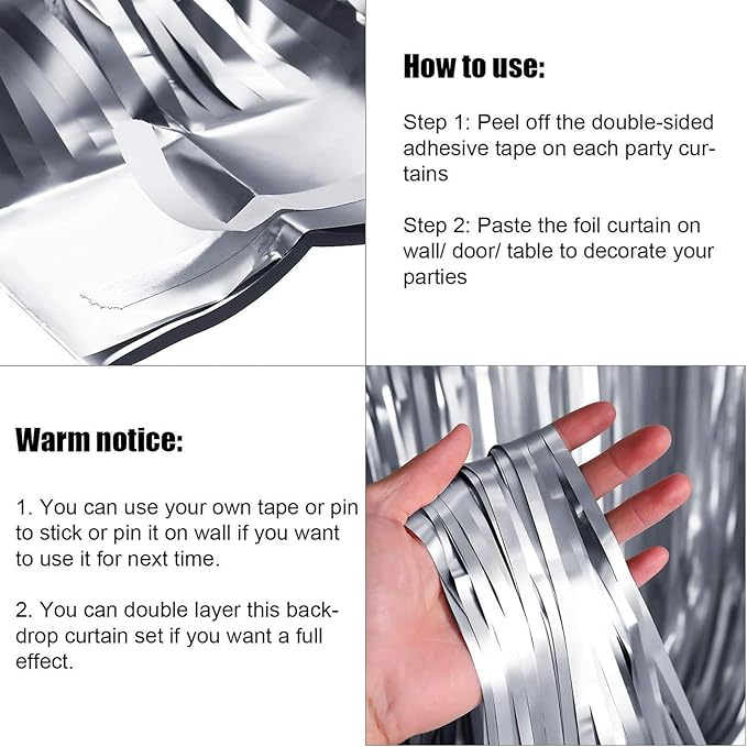BEISHIDA 4 Pcs Silver Door Streamers Tinsel Curtain Party Streamers Backdrop Fringe Foil Wall Background for Birthday Halloween Christmas Wedding Party Decoration(3.28 ft x 6.56 ft)