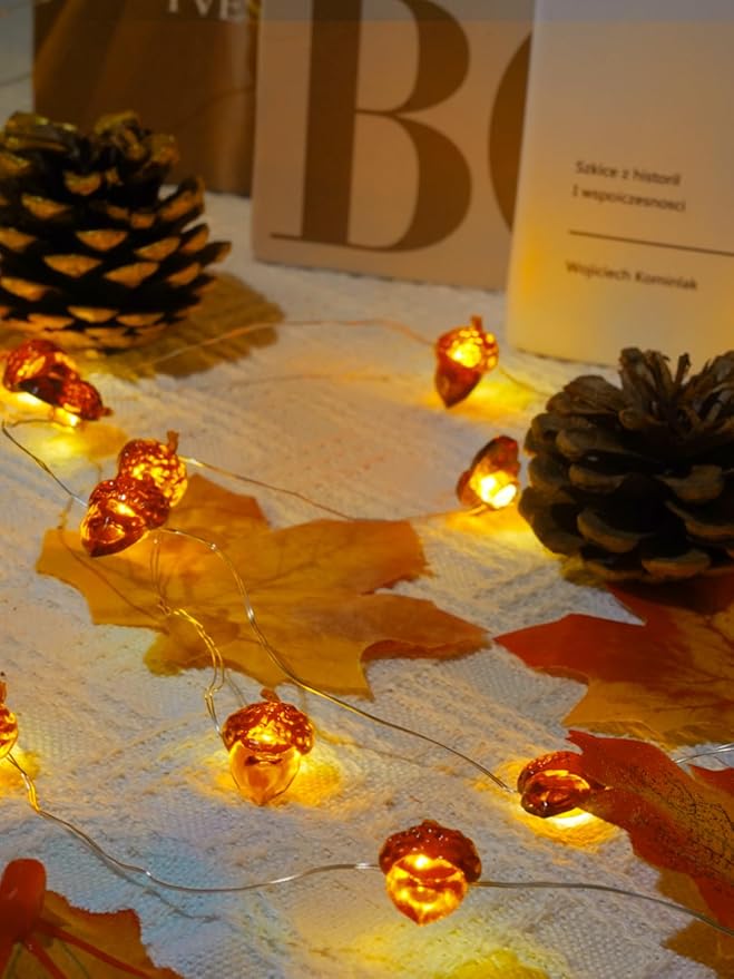 BOSSERN 2 Pack 60LED Thanksgiving Decoration Acorn String Light Battery Operated, 20FT Fall Lights with Remote, Waterproof 8 Modes Fairy Lights for Autumn Harvest Thanksgiving Halloween Decor
