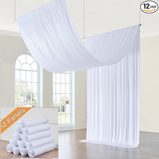 60ft x 15ft White Wrinkle Free Backdrop Curtains for Parties,Silky Polyester Fabric Wedding Ceiling Drapes, 12 Panels 15ft Photo Back Drop Drapes for Baby Shower Photography Stage Background Cloth