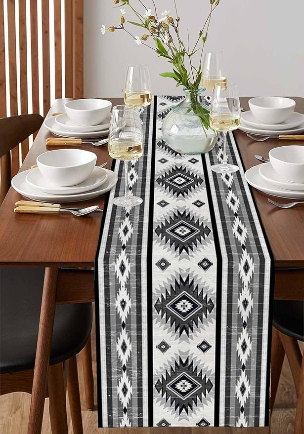 Aztec Southwest Cotton Linen Table Runner for Dining Kitchen, Wedding Outdoor Party Tablerunners Decoration, Boho Ethnic Tribes Vintage Grey Dresser Scarf Coffee Tablecloth Runners 13x60 Inches