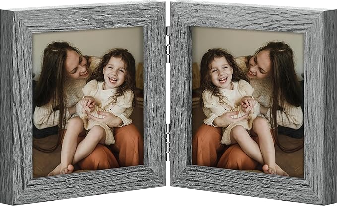 decorUhome Double 4x4 Picture Frame Vertical, Engineered Wood Bifold Photo Frame with Plexiglass for Tabletop Display, 4x4, Grey
