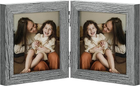 decorUhome Double 4x4 Picture Frame Vertical, Engineered Wood Bifold Photo Frame with Plexiglass for Tabletop Display, 4x4, Grey