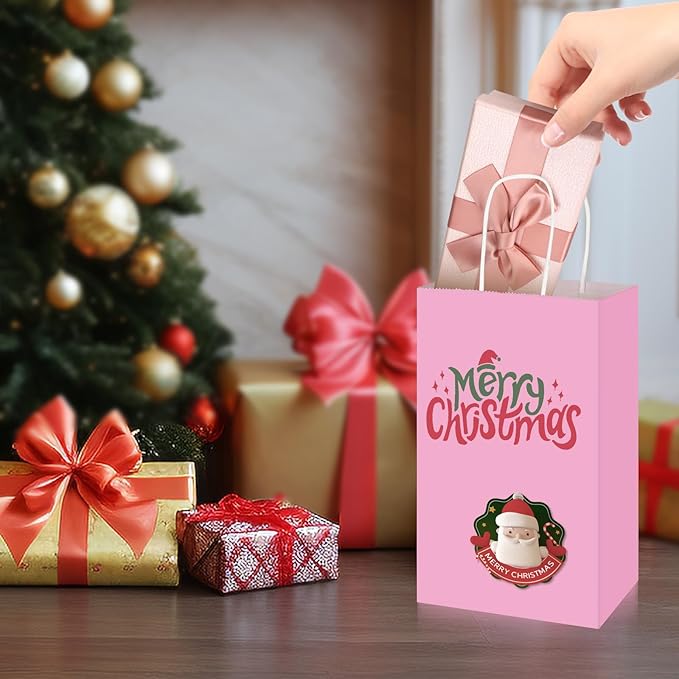 Toovip 50 Pack 5.25x3.25x8.25 Inch Small Light Pink Kraft Paper Bags with Handles Bulk, Gift Wrap Bags for Favors Grocery Retail Party Birthday Shopping Business Goody Craft Merchandise Take Out Sacks