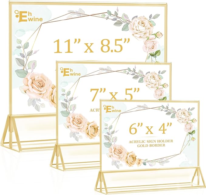 EHWINE 8 Pack Acrylic Sign Holder 8.5 x 11 Horizontal, Double-Sided Stand up Table Top Sign Holders, Gold Acrylic Picture Frame Menu Flyer Paper Holder Display Stand for Office Business Store Wedding Party