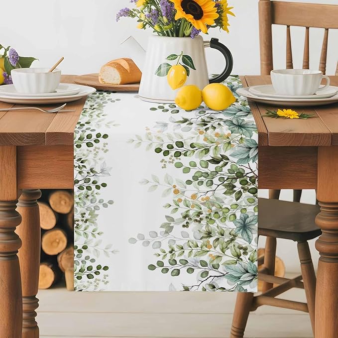 Sage Green Eucalyptus Cotton Linen Table Runner for Dining Kitchen, Farmhouse Leaves Wedding Outdoor Party Tablerunners Decoration Botanical Floral Dresser Scarf Coffee Tablecloth Runners 13x60 Inches