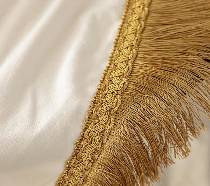 F-CHU White Tablecloth Thickset Velvet Tablecloth with Beautiful Gold Tassels Vintage Table Cloth for Home Decor Wedding, Party, Banquet and Events 48" Round