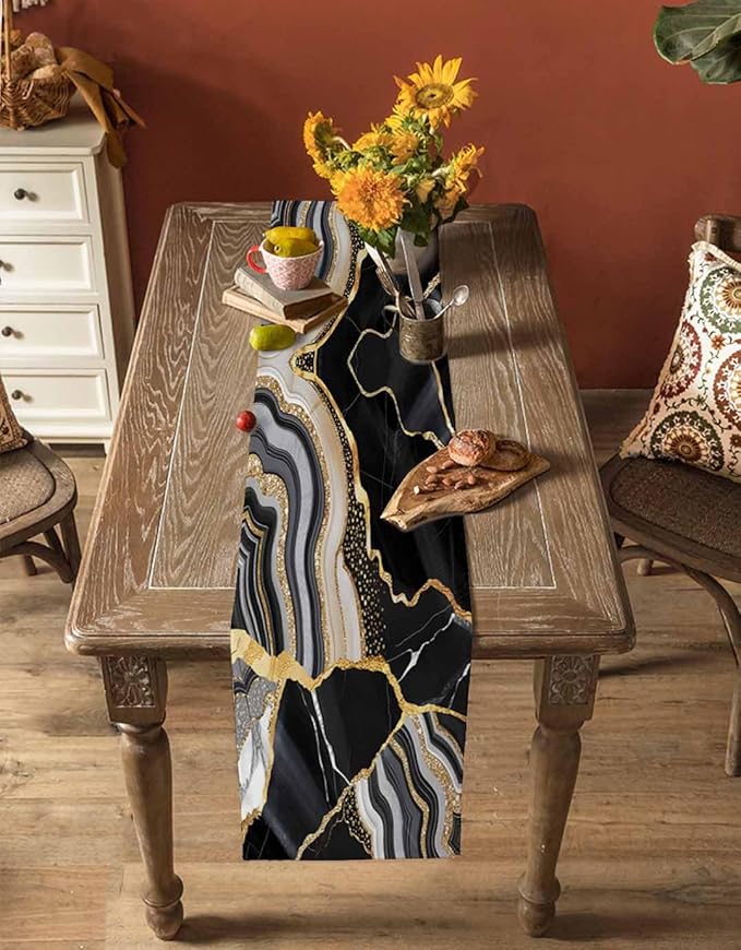 Geometric Black Marble Cotton Linen Table Runner for Dining Kitchen, Wedding Outdoor Party Tablerunners Decoration, Farm Marble Liquid Ripple Abstract Dresser Scarf Coffee Tablecloth Runners 13''x90''