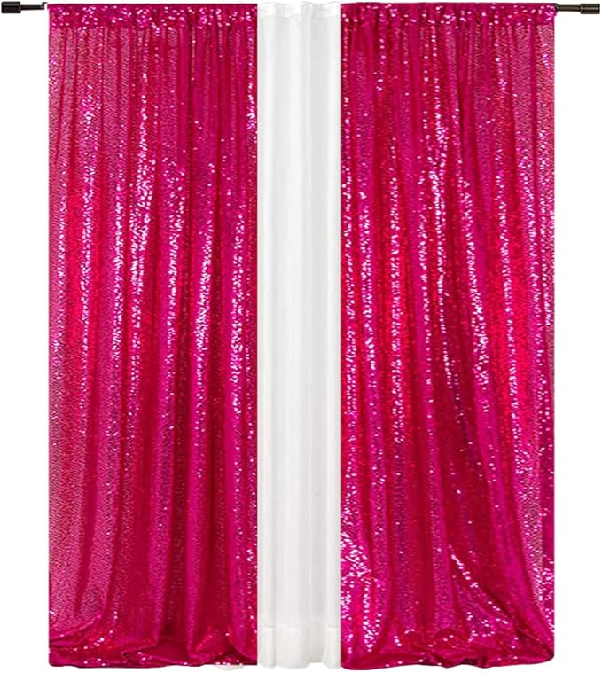 Eternal Beauty Hot Pink Sequin Backdrop Curtains, Shimmer Back Drop 4Panels-2FTx8FT for Christmas, Party, Birthday, Photography, Wedding, Baby Shower Event Decoration
