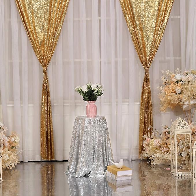 Poise3EHome 2Pcs 3Ft x 8Ft Gold Sequin Backdrop Curtain, Glitter Photography Background, Sequence Xmas Thanksgiving Backdrop for Wedding Party Holiday Festival Decor
