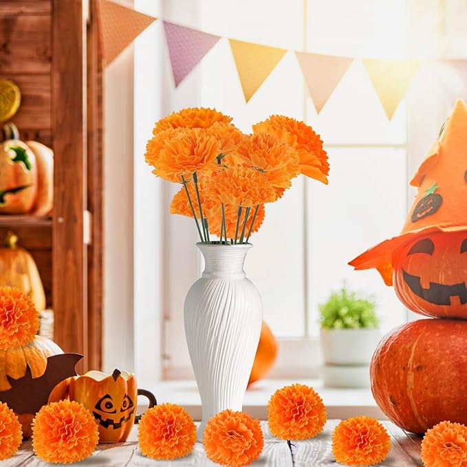Hananona 201Pcs Artificial Marigold Flower Heads Bulk, Silk Marigold Bulk Fake Flowers for Dia De Los Muertos Decor DIY Marigold Garland Day of The Dead Decorations
