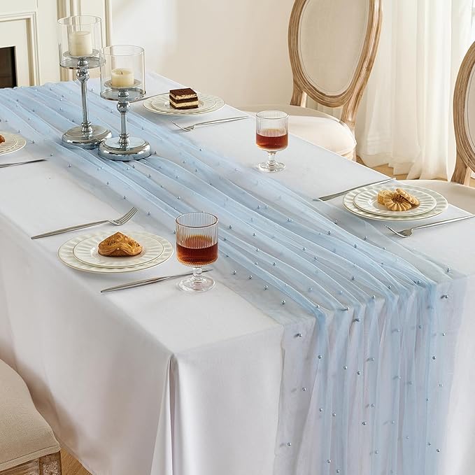 Fanami 6 Pack Pearl Table Runner -10FT Dusty Blue Boho Tulle Table Runners 120 Inches Long Rustic Sheer Lace Fabric Centerpieces for Wedding Arch Birthday Party Bridal Veil Baby Shower Decorations