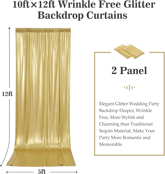 Outpain 10x12ft Gold Sequin Backdrop Curtains -Heavy Duty Gold Photography Backdrops with Non-Shedding Glitter, Wrinkle-Free Stage Drapes for Wedding/Christmas/Studio Shoots (5x12ft 2 Panels)