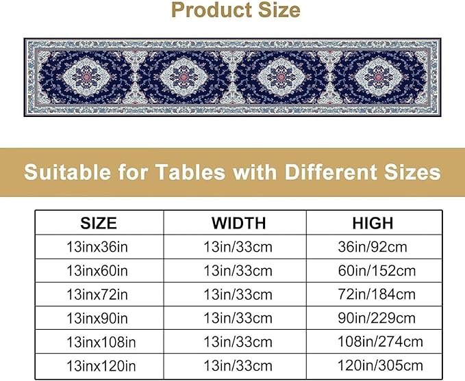Elegant Palace Boho Blue Table Runner Vintage French Style Farmhouse Geometric Home Farmhouse Kitchen Table Dining Coffee Room Garden Party Wedding Decor 13x36in