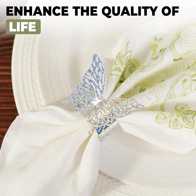 100 Pcs 3D Silver Iridescent Butterfly Napkin Rings Silverware Wraps Bands,Table Setup Sequined Wedding Valentines Day Event Party Supply Settings, Glossy Serviette Buckles Decoration(Silver)